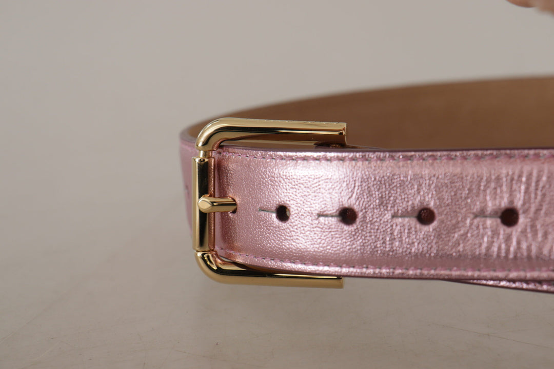 Women’s Dolce &amp; Gabbana Metallic Pink Polished Leather Logo Metal Buckle Belt