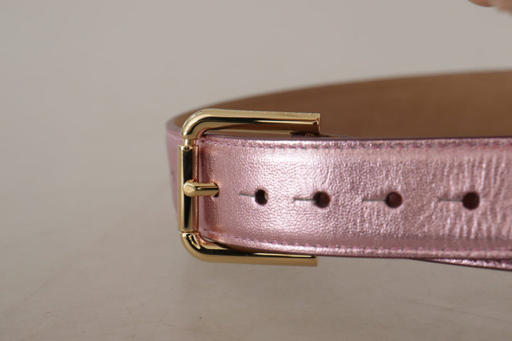 Women’s Dolce &amp; Gabbana Metallic Pink Polished Leather Logo Metal Buckle Belt