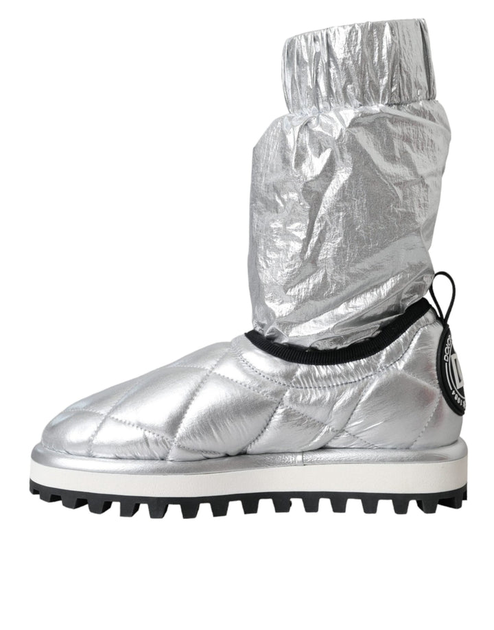 Women’s Dolce &amp; Gabbana Metallic Silver Quilted Logo Patch Boot Shoes