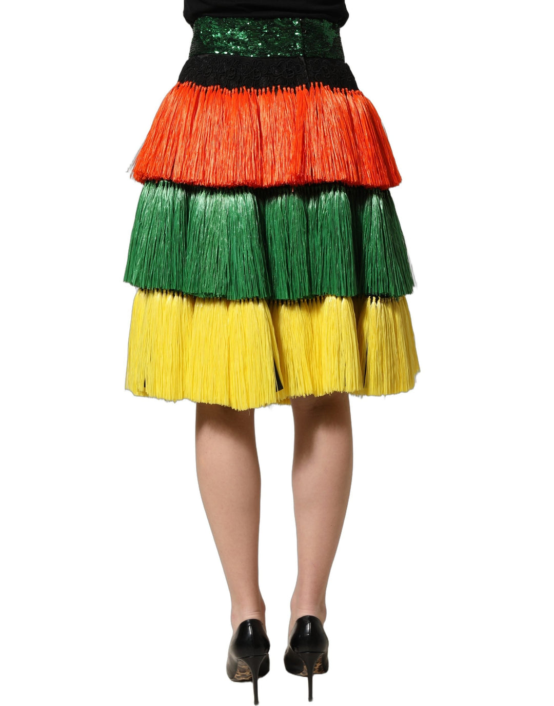 Women’s Dolce &amp; Gabbana Multicolor Fringe Sequin High Waist Knee Length Skirt