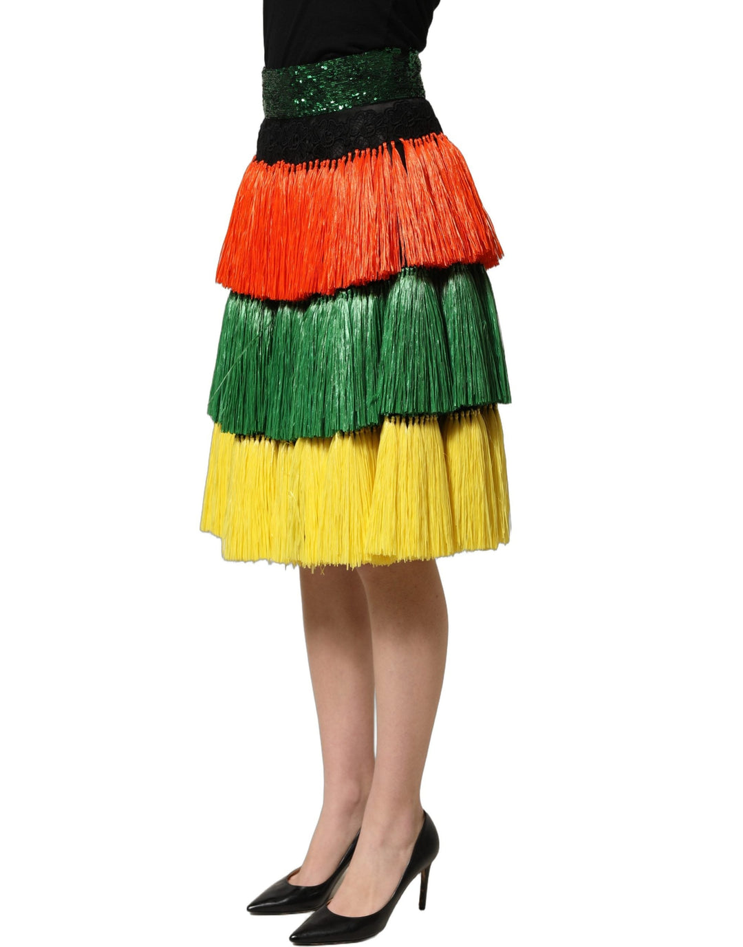 Women’s Dolce &amp; Gabbana Multicolor Fringe Sequin High Waist Knee Length Skirt