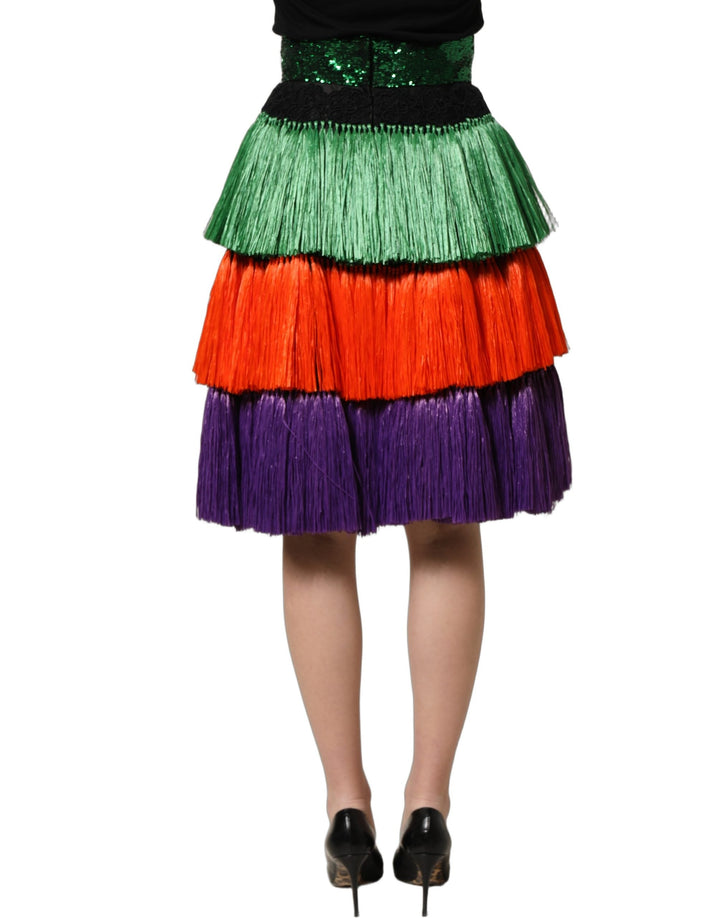 Women’s Dolce &amp; Gabbana Multicolor Fringed High Waist Knee Length Skirt