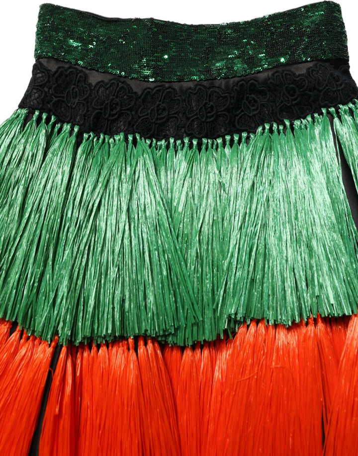 Women’s Dolce &amp; Gabbana Multicolor Fringed High Waist Knee Length Skirt
