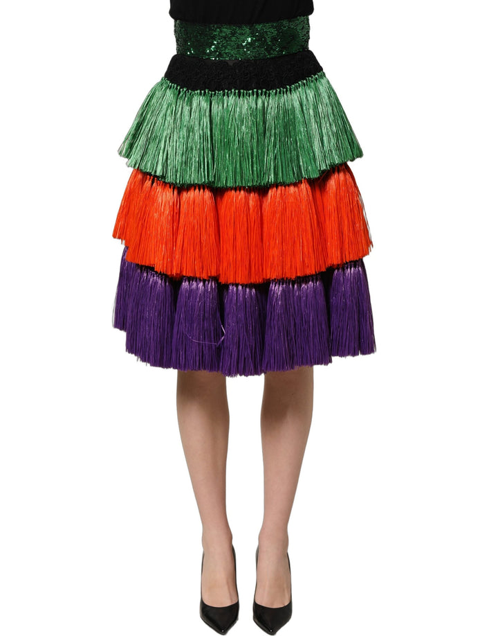 Women’s Dolce &amp; Gabbana Multicolor Fringed High Waist Knee Length Skirt