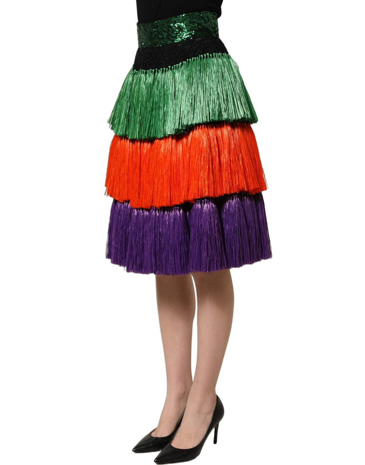 Women’s Dolce &amp; Gabbana Multicolor Fringed High Waist Knee Length Skirt