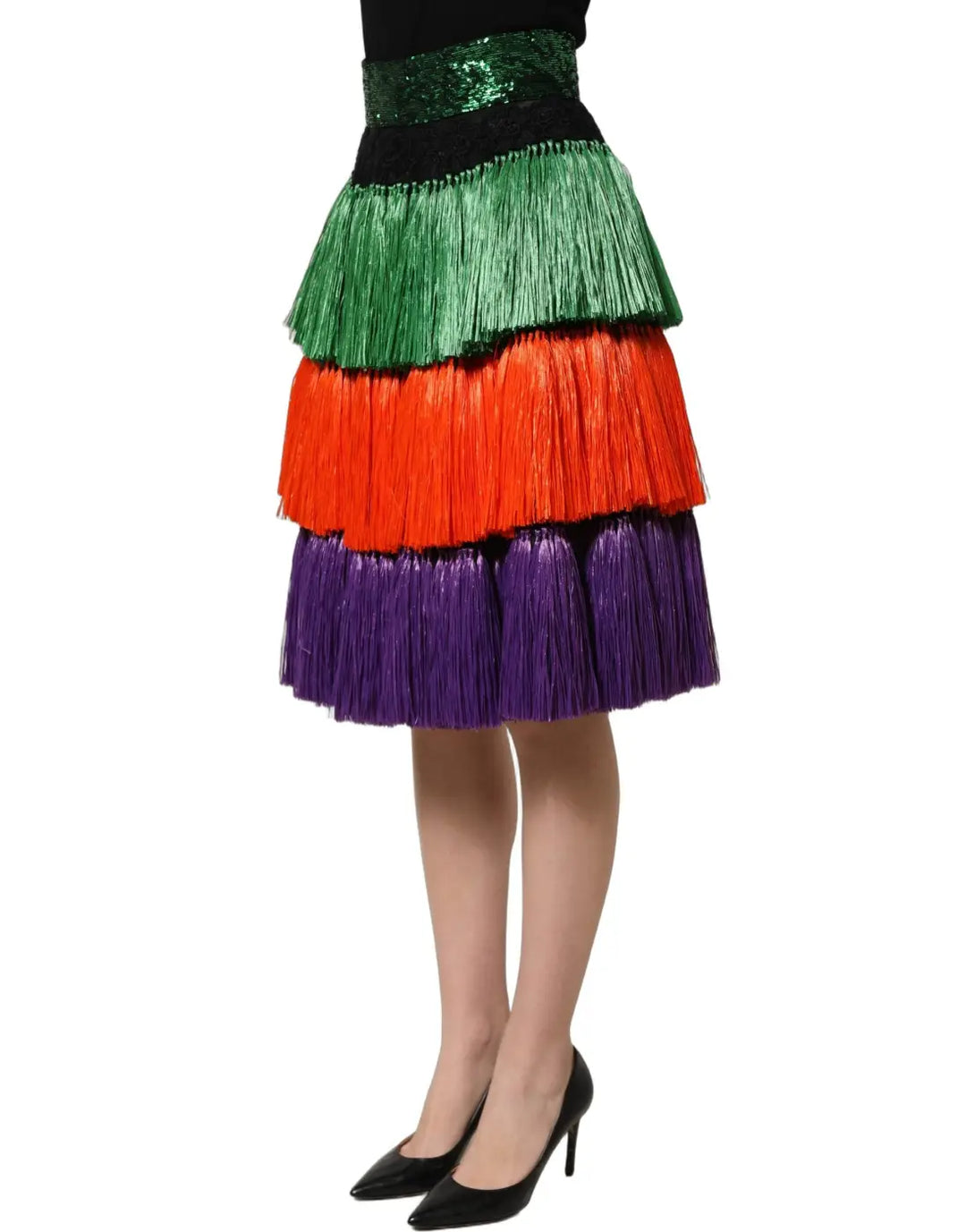 Women’s Dolce &amp; Gabbana Multicolor Fringed High Waist Knee Length Skirt