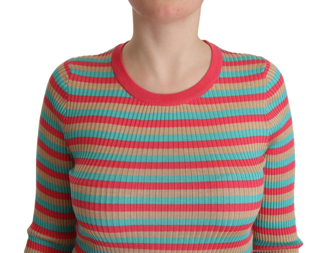 Women’s Dolce &amp; Gabbana Multicolor Stripes Silk Crew Neck Pullover Top