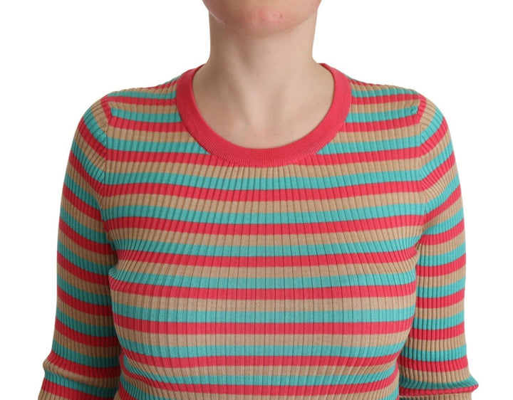 Women’s Dolce &amp; Gabbana Multicolor Stripes Silk Crew Neck Pullover Top