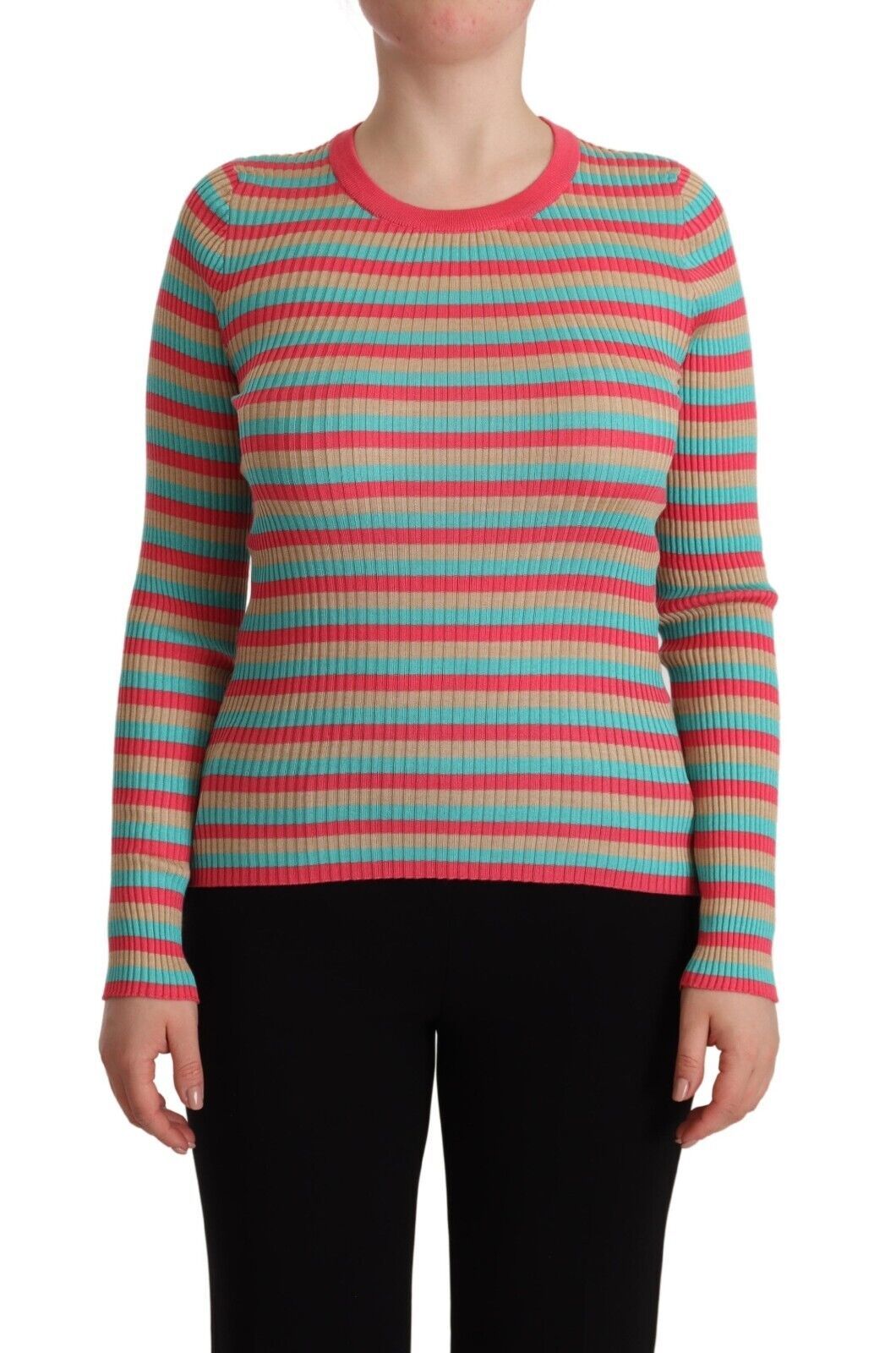 Women’s Dolce &amp; Gabbana Multicolor Stripes Silk Crew Neck Pullover Top