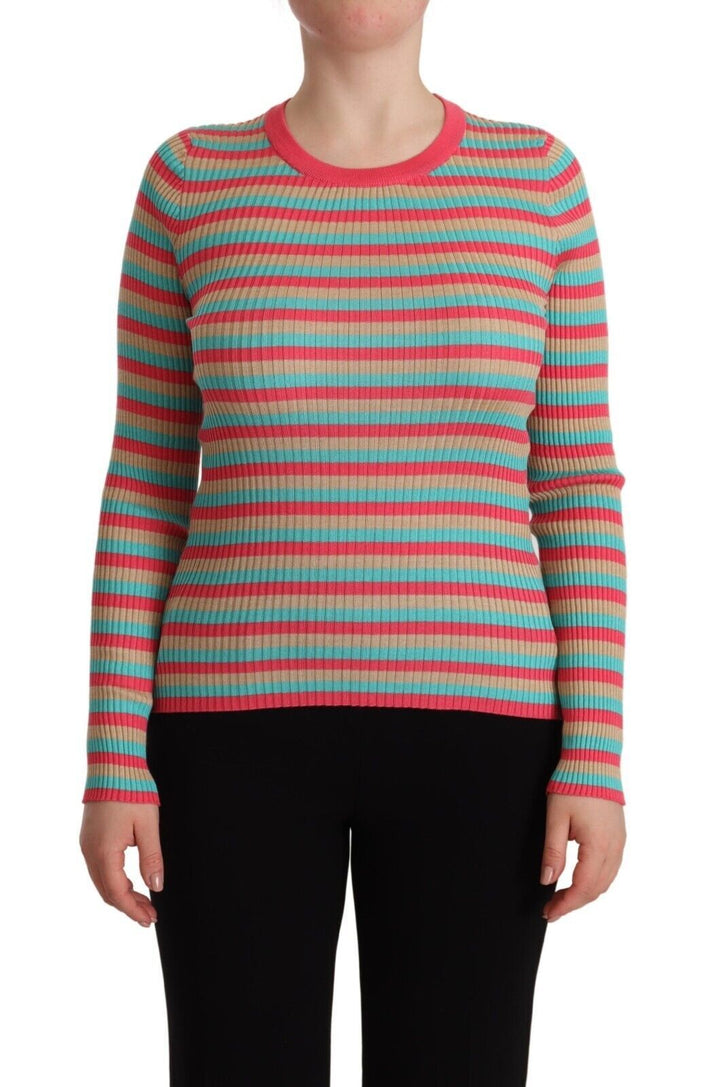 Women’s Dolce &amp; Gabbana Multicolor Stripes Silk Crew Neck Pullover Top