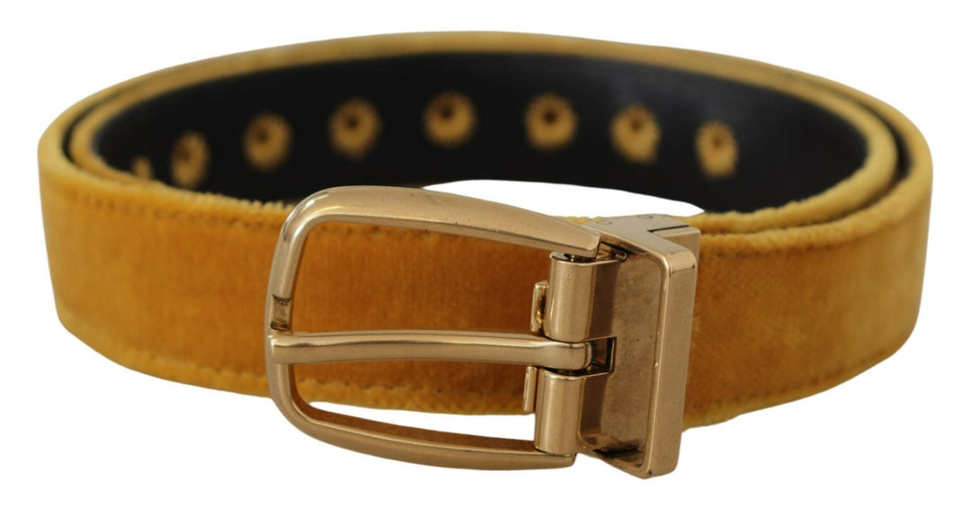 Women’s Dolce & Gabbana Mustard Velvet Gold Logo Engraved Metal Buckle Belt