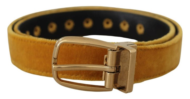 Women’s Dolce &amp; Gabbana Mustard Velvet Gold Logo Engraved Metal Buckle Belt