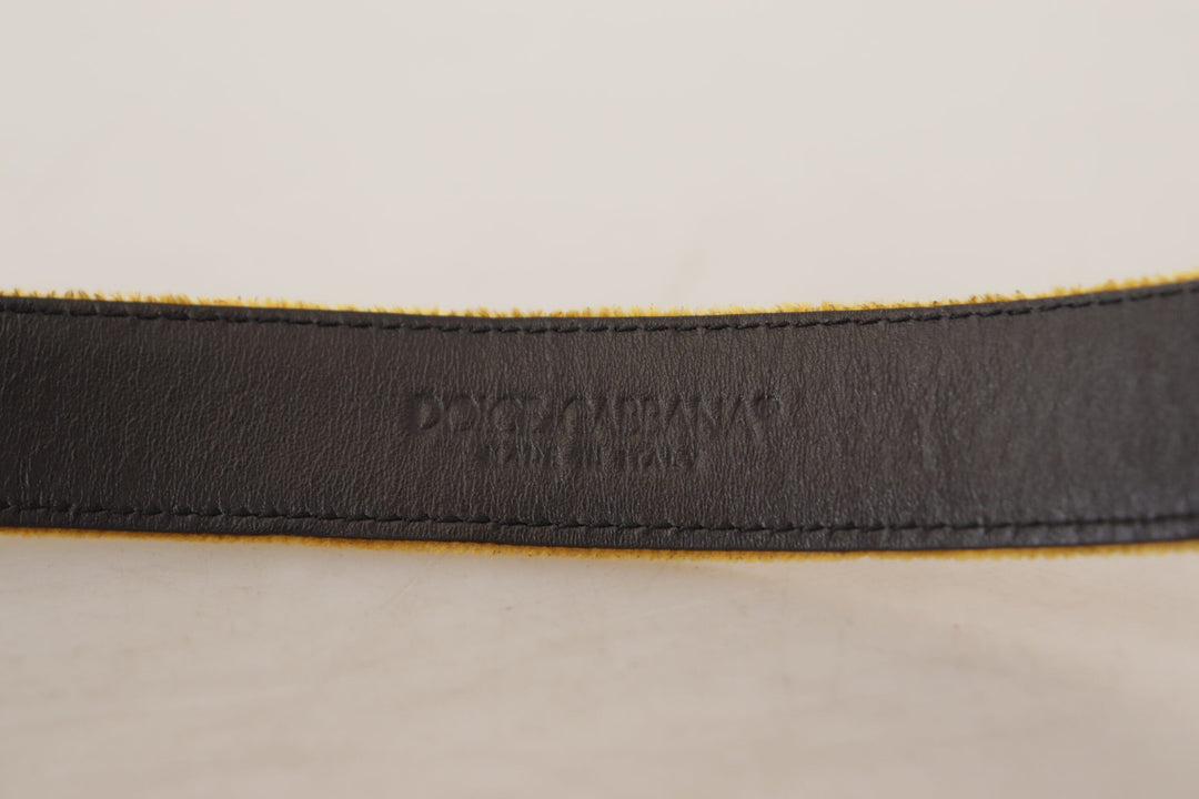 Women’s Dolce &amp; Gabbana Mustard Velvet Gold Logo Engraved Metal Buckle Belt