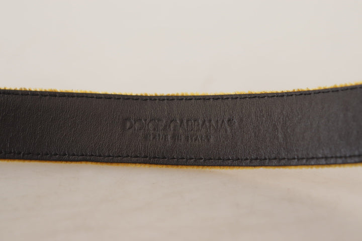 Women’s Dolce &amp; Gabbana Mustard Velvet Gold Logo Engraved Metal Buckle Belt
