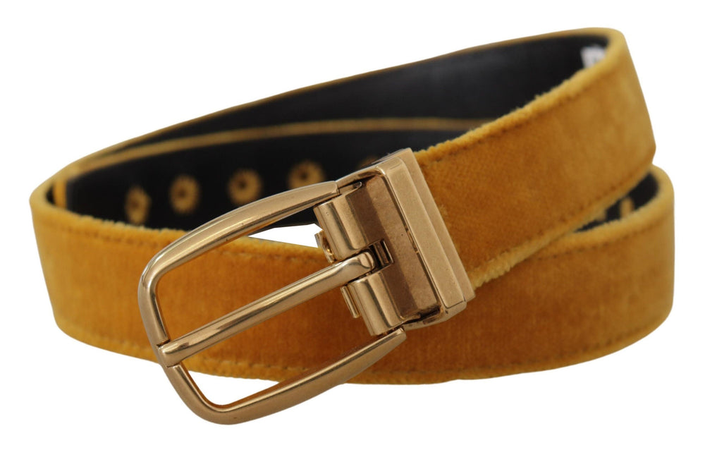 Women’s Dolce & Gabbana Mustard Velvet Gold Logo Engraved Metal Buckle Belt