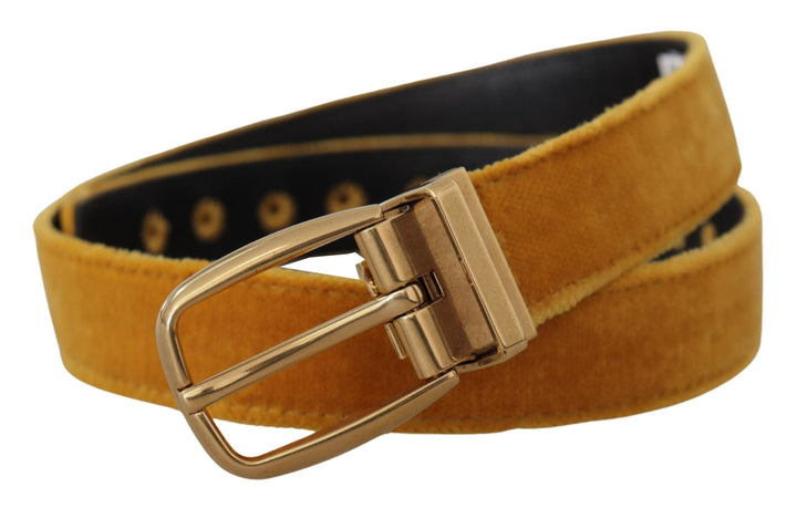 Women’s Dolce &amp; Gabbana Mustard Velvet Gold Logo Engraved Metal Buckle Belt
