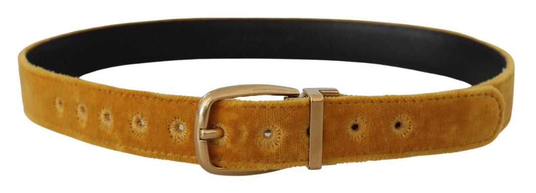 Women’s Dolce &amp; Gabbana Mustard Velvet Gold Logo Engraved Metal Buckle Belt