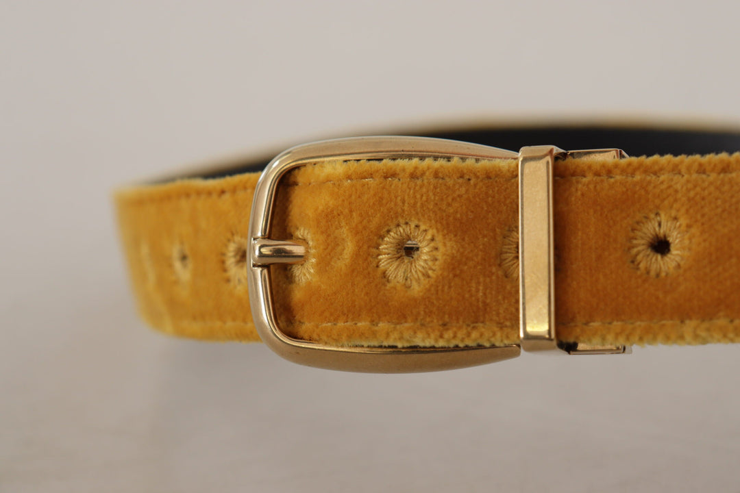 Women’s Dolce &amp; Gabbana Mustard Velvet Gold Logo Engraved Metal Buckle Belt