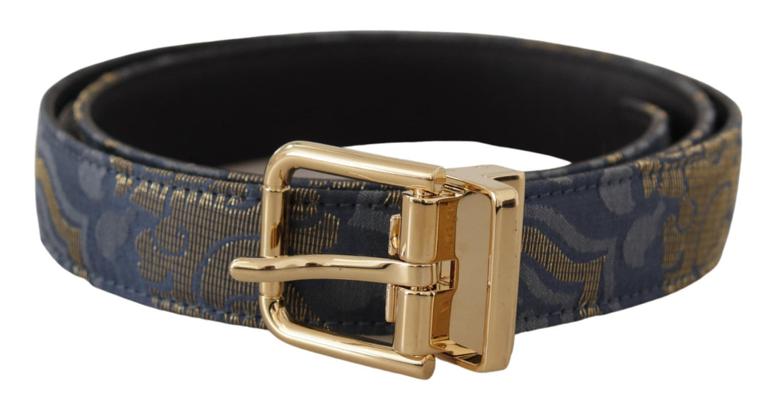 Women’s Dolce &amp; Gabbana Navy Blue Jacquard Gold Tone Logo Metal Buckle Belt