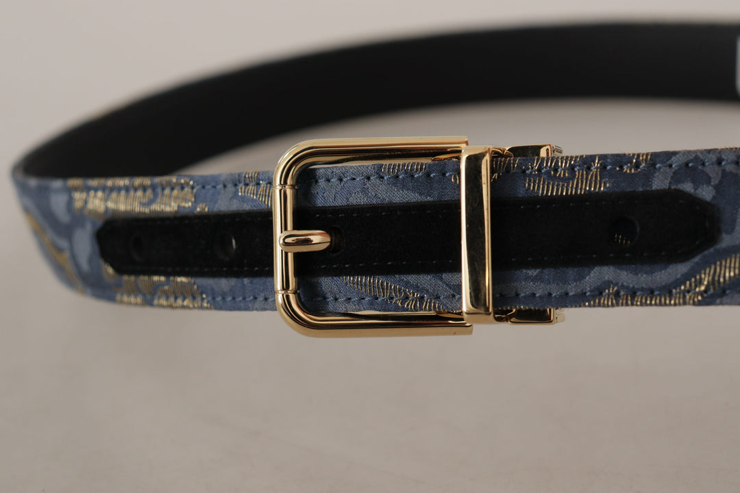 Women’s Dolce &amp; Gabbana Navy Blue Jacquard Gold Tone Logo Metal Buckle Belt