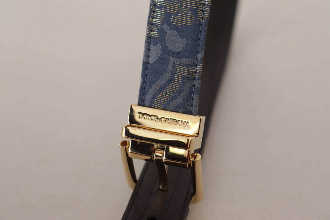 Women’s Dolce &amp; Gabbana Navy Blue Jacquard Gold Tone Logo Metal Buckle Belt