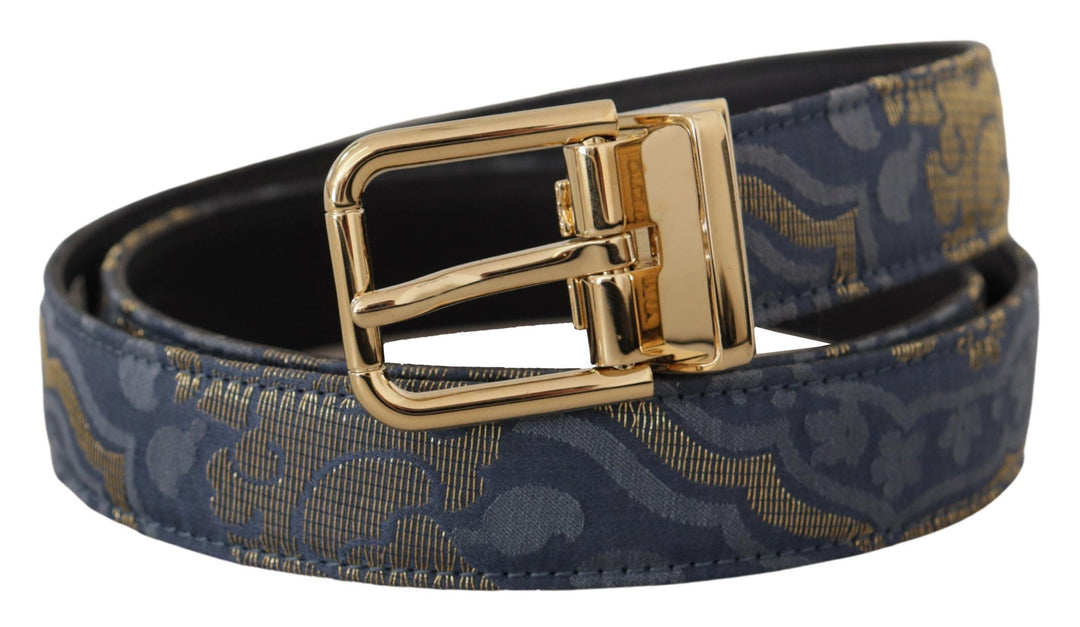 Women’s Dolce &amp; Gabbana Navy Blue Jacquard Gold Tone Logo Metal Buckle Belt