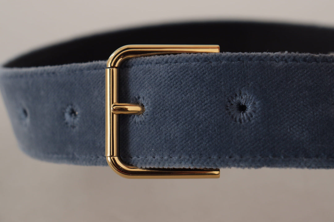 Women’s Dolce &amp; Gabbana Navy Blue Velvet Gold Metal Logo Waist Buckle Belt