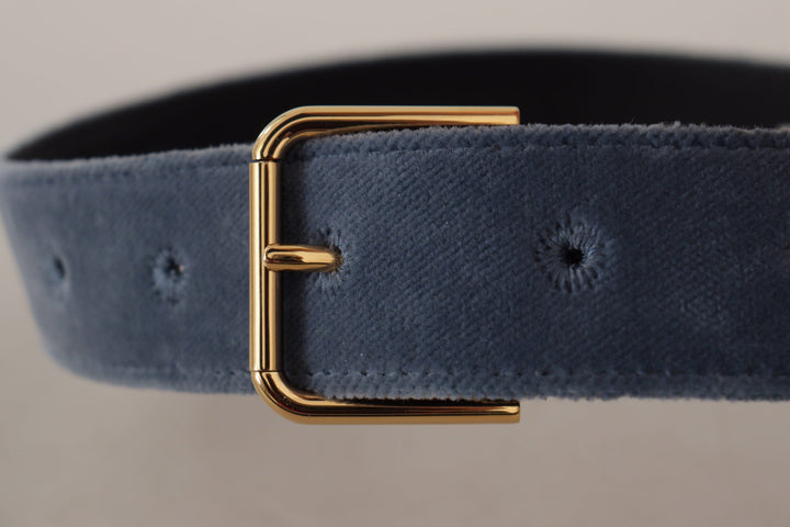 Women’s Dolce &amp; Gabbana Navy Blue Velvet Gold Metal Logo Waist Buckle Belt