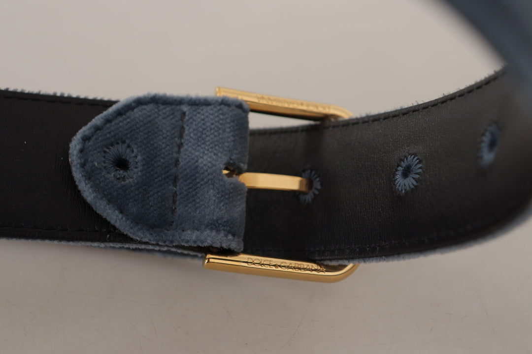 Women’s Dolce &amp; Gabbana Navy Blue Velvet Gold Metal Logo Waist Buckle Belt