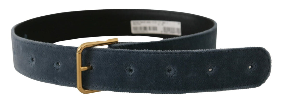 Women’s Dolce &amp; Gabbana Navy Blue Velvet Gold Metal Logo Waist Buckle Belt