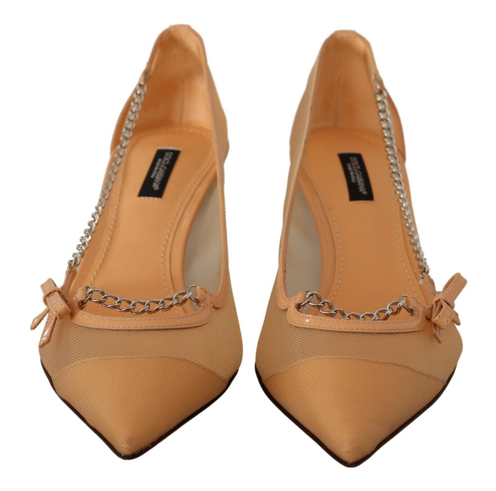 Women’s Dolce & Gabbana Peach Mesh Leather Chains Heels Pumps Shoes