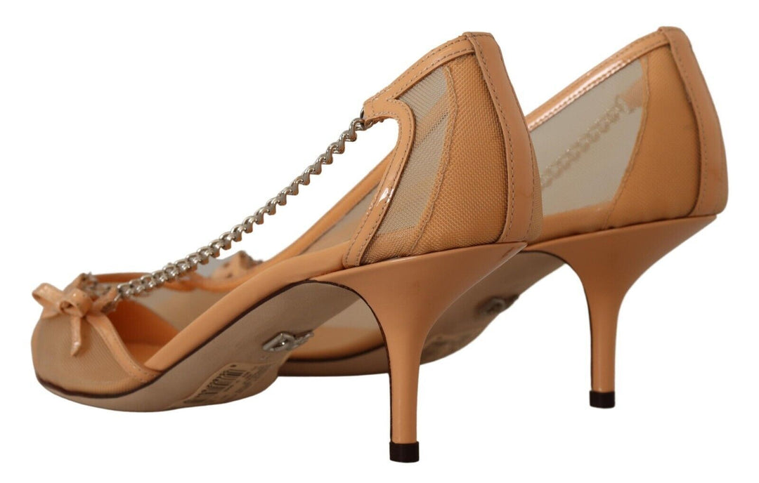Women’s Dolce &amp; Gabbana Peach Mesh Leather Chains Heels Pumps Shoes
