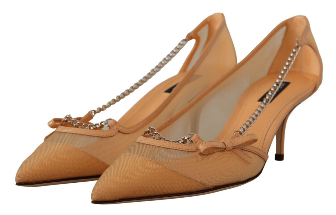 Women’s Dolce & Gabbana Peach Mesh Leather Chains Heels Pumps Shoes