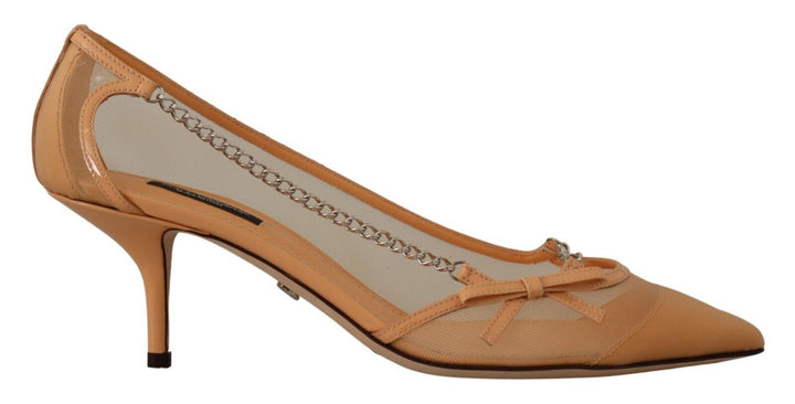 Women’s Dolce &amp; Gabbana Peach Mesh Leather Chains Heels Pumps Shoes