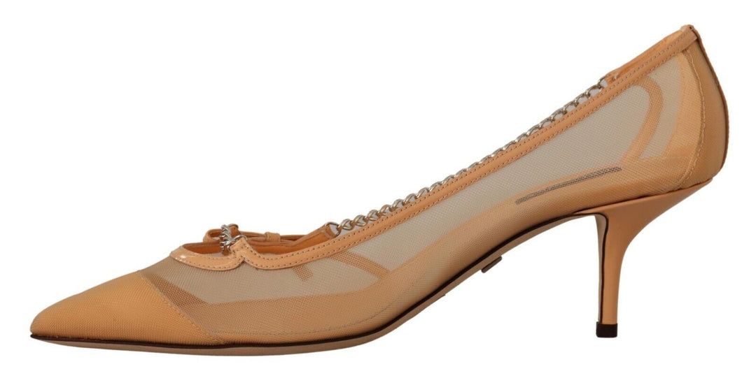 Women’s Dolce &amp; Gabbana Peach Mesh Leather Chains Heels Pumps Shoes