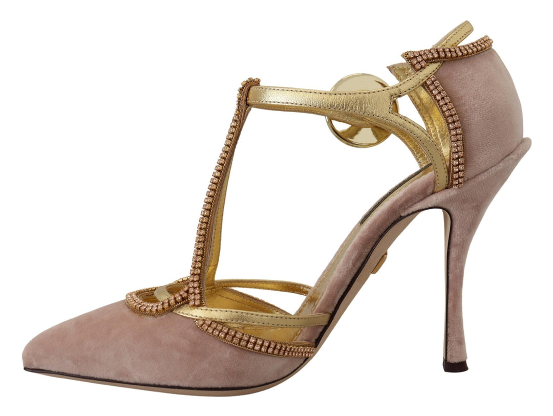 Women’s Dolce &amp; Gabbana Pink Crystal T-strap Heels Pumps Shoes