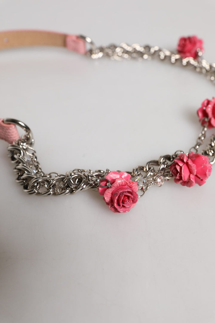 Women’s Dolce &amp; Gabbana Pink Embelished Roses Textured Leather Belt