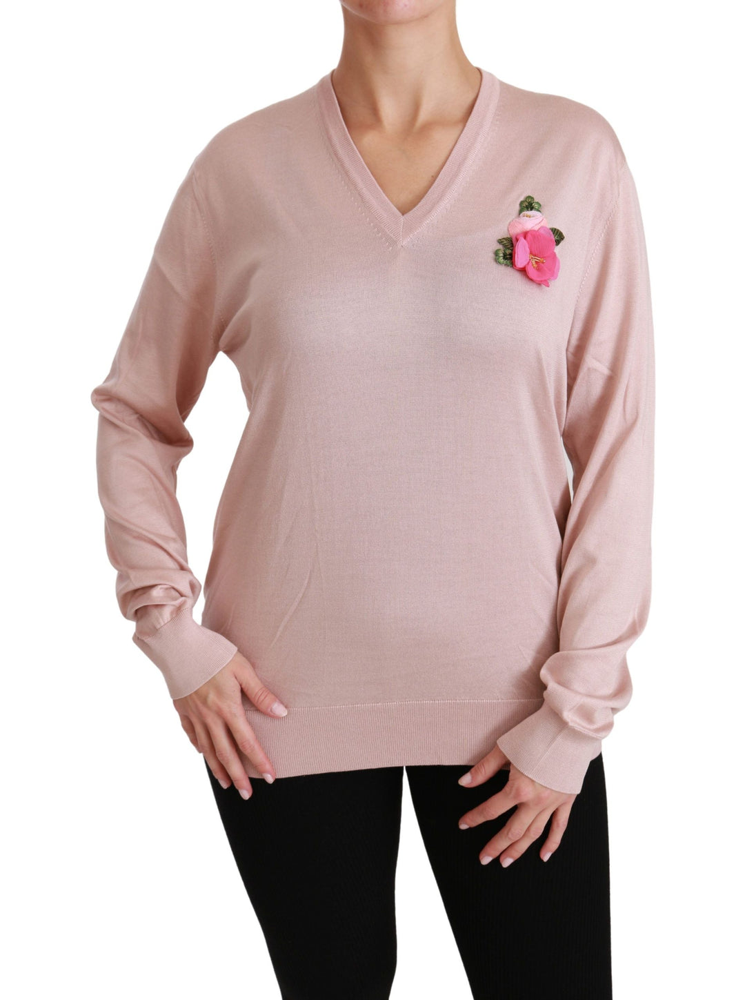Women’s Dolce &amp; Gabbana Pink Floral Embellished Pullover Silk Sweater