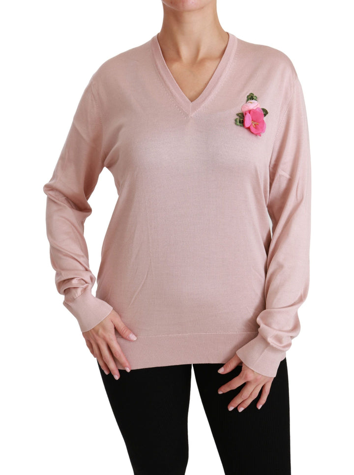 Women’s Dolce &amp; Gabbana Pink Floral Embellished Pullover Silk Sweater