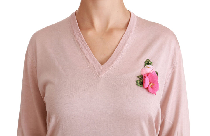 Women’s Dolce &amp; Gabbana Pink Floral Embellished Pullover Silk Sweater