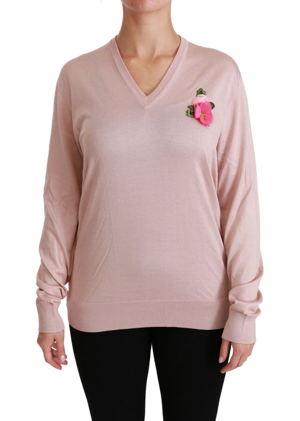 Women’s Dolce & Gabbana Pink Floral Embellished Pullover Silk Sweater