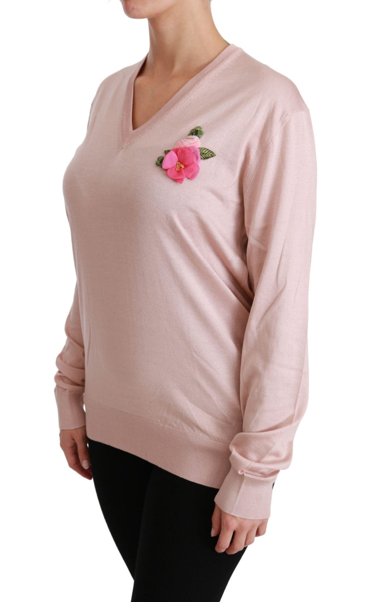 Women’s Dolce &amp; Gabbana Pink Floral Embellished Pullover Silk Sweater