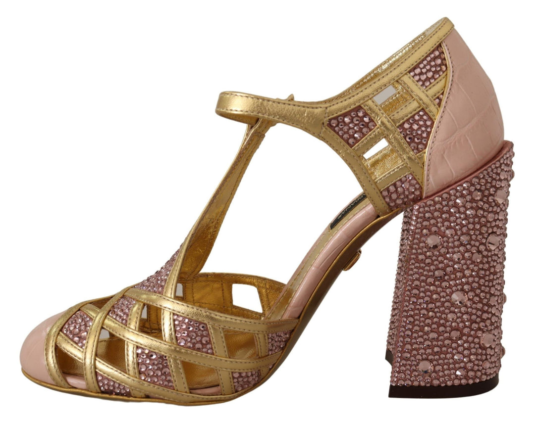 Women’s Dolce &amp; Gabbana Pink Gold Leather Crystal Pumps T-strap Shoes