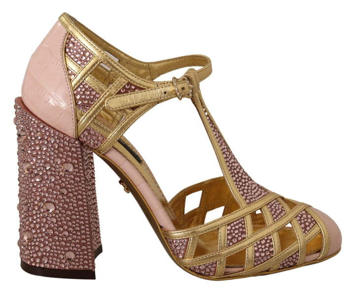 Women’s Dolce &amp; Gabbana Pink Gold Leather Crystal Pumps T-strap Shoes