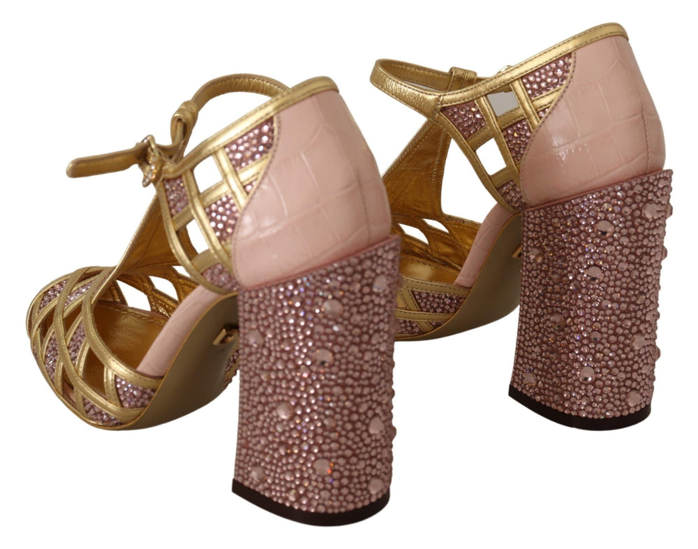 Women’s Dolce & Gabbana Pink Gold Leather Crystal Pumps T-strap Shoes