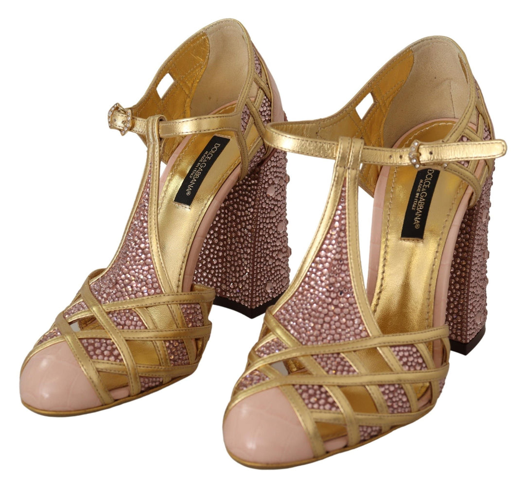 Women’s Dolce & Gabbana Pink Gold Leather Crystal Pumps T-strap Shoes
