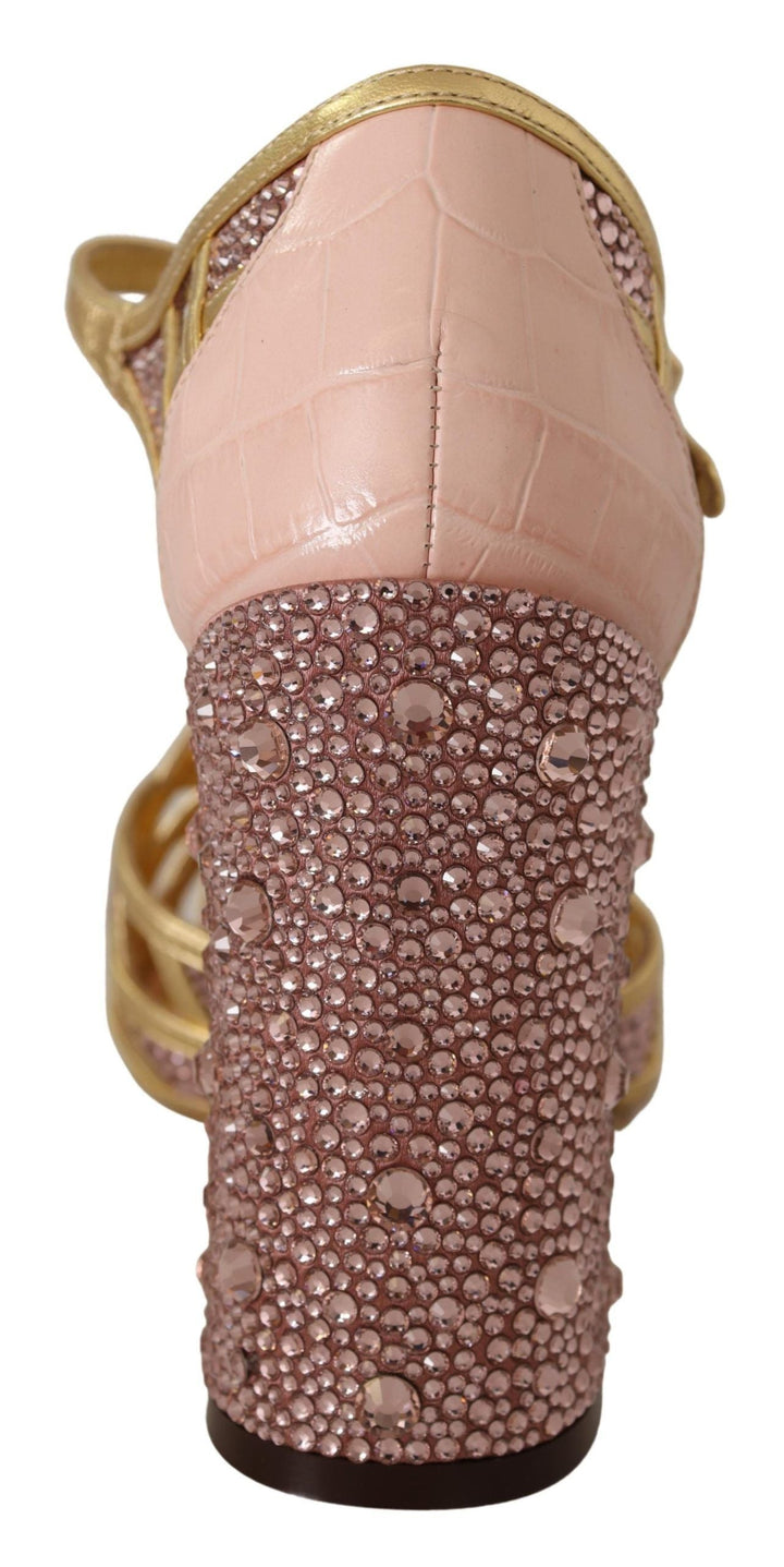 Women’s Dolce &amp; Gabbana Pink Gold Leather Crystal Pumps T-strap Shoes