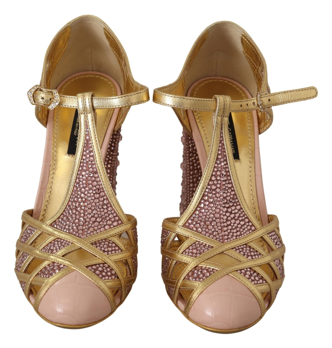Women’s Dolce &amp; Gabbana Pink Gold Leather Crystal Pumps T-strap Shoes