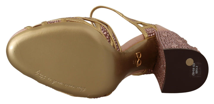 Women’s Dolce &amp; Gabbana Pink Gold Leather Crystal Pumps T-strap Shoes