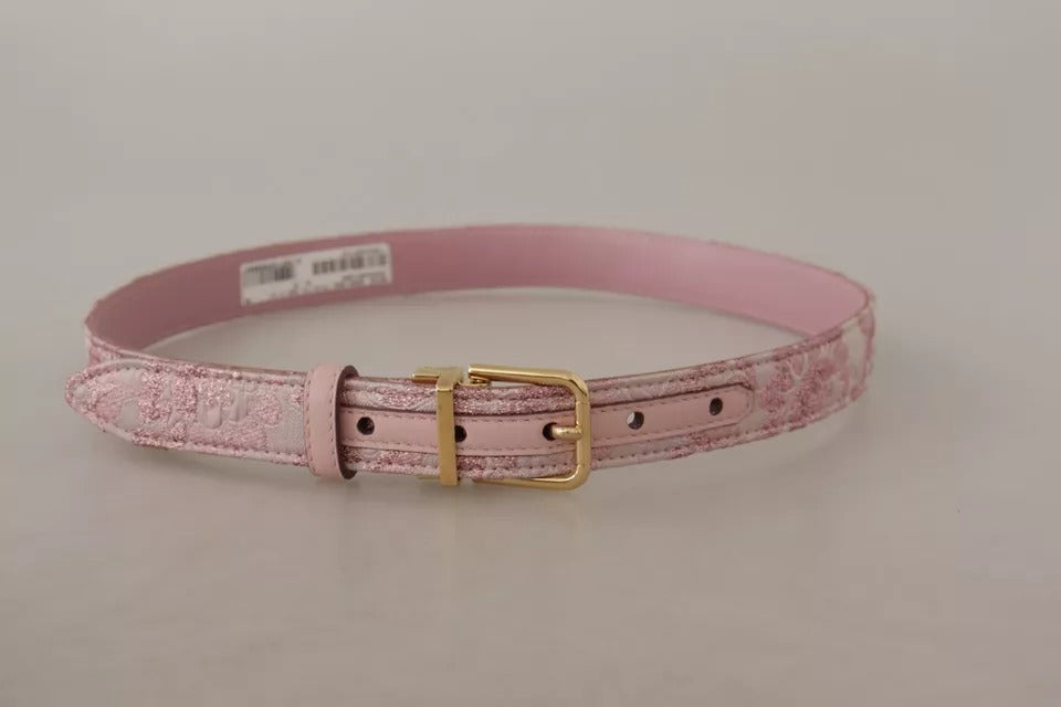 Women’s Dolce &amp; Gabbana Pink Jaquard Embroidered Gold Tone Metal Buckle Belt